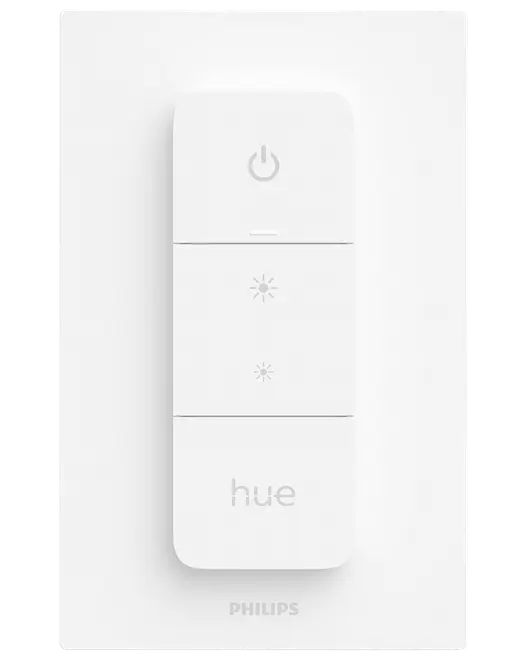 Hvid Philips Hue smart lyskontakt med fire knapper: tænd/sluk, lysstyrke op, lysstyrke ned og Hue-logo. Minimalistisk design, vægmonteret til smart belysning.