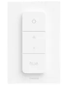 Hvid Philips Hue smart lyskontakt med fire knapper: tænd/sluk, lysstyrke op, lysstyrke ned og Hue-logo. Minimalistisk design, vægmonteret til smart belysning.