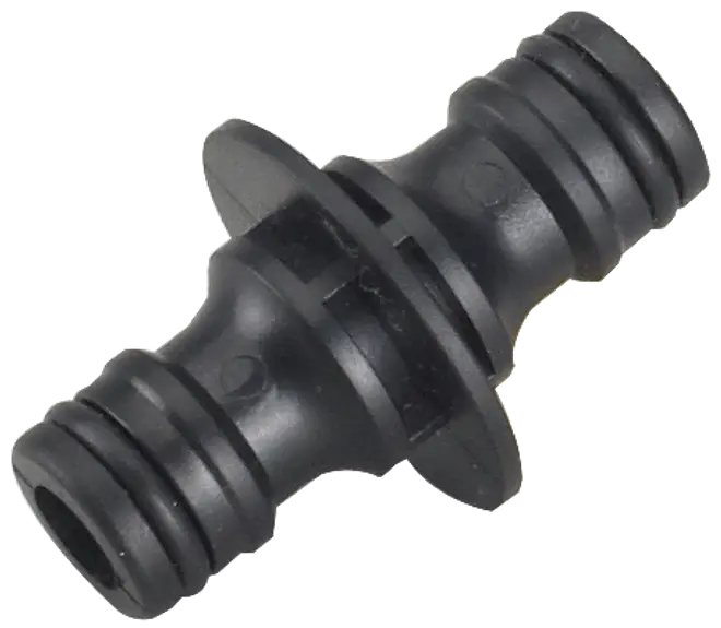 Svart slangkoppling i plast med dubbla hanändar och O-ringar, för att säkert koppla ihop två slangar i trädgårdsbevattningssystem. Hållbar och väderbeständig.