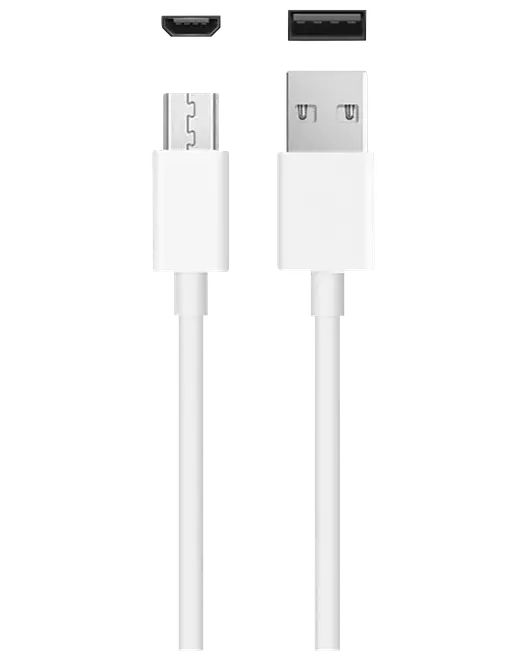 Hvid USB-opladerkabel med micro-USB- og USB-A-stik.