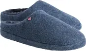 Blå hjemmesko i uld med lukket tå og åben hæl, blødt fleecefor og lille broderet skjoldlogo på siden. Behagelige og varme til indendørs brug.
