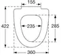 Teknisk ritning av toalettsits med mått: 422mm längd, 360mm bredd, 235mm innerbredd, 285mm innerlängd, 155mm gångjärnsavstånd. Svarta linjer på vit bakgrund.