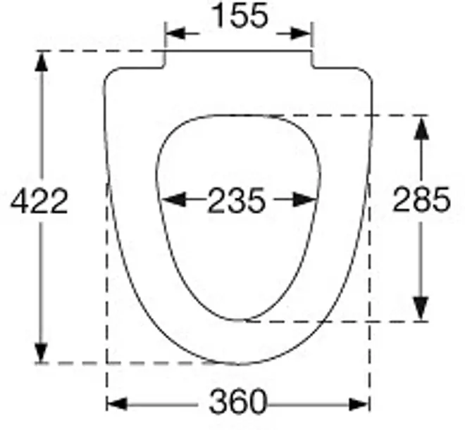 Teknisk ritning av toalettsits med mått: 422mm längd, 360mm bredd, 235mm innerbredd, 285mm innerlängd, 155mm gångjärnsavstånd. Svarta linjer på vit bakgrund.