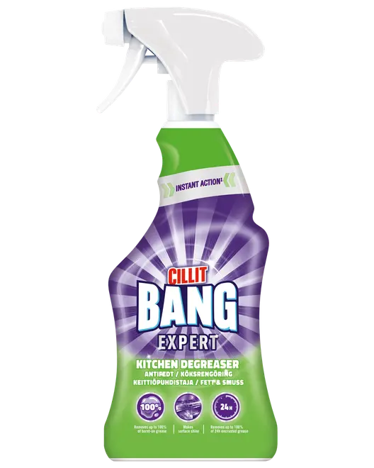 Cillit Bang Expert köksavfettare sprayflaska, lila och grön, vit spraypump, tar bort fett och smuts, för köksytor, 750 ml, snabbverkande formula.
