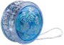 Transparent blå plastik-jojo med tigerdesign og flamme-detaljer, mærket "Super Yo-Yo" og "Made in China", med hvid snor til leg.