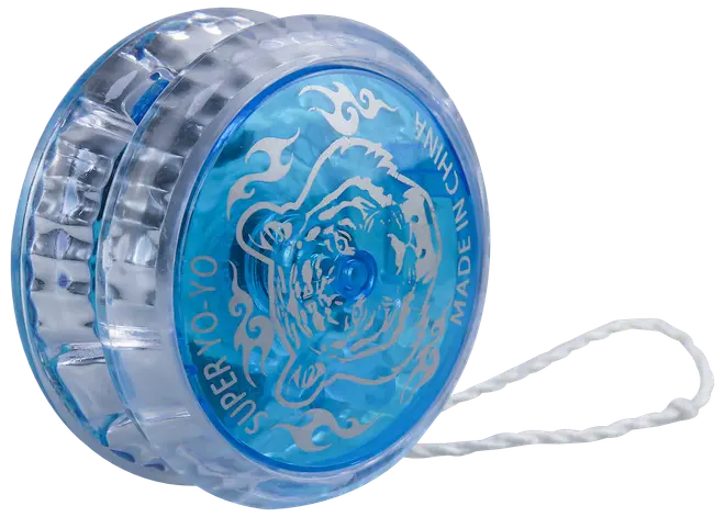 Transparent blå plastik-jojo med tigerdesign og flamme-detaljer, mærket "Super Yo-Yo" og "Made in China", med hvid snor til leg.