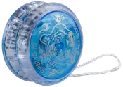 Transparent blå plast-jojo med tigermotiv och flamdetaljer, märkt "Super Yo-Yo" och "Made in China", med vit snöre för lek.