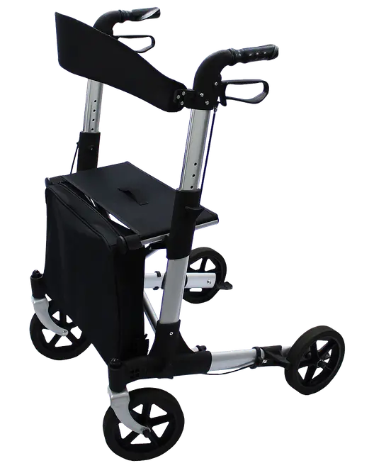 Lätt rollator med fyra hjul, ergonomiska handtag, vadderat säte och frammonterad förvaringsväska. Perfekt för stöd och smidig manövrering inomhus och utomhus.
