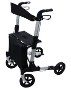 Letvægts rollator med fire hjul, ergonomiske håndtag, polstret sæde og frontopbevaringspose. Ideel til støtte og nem manøvrering både inde og ude.
