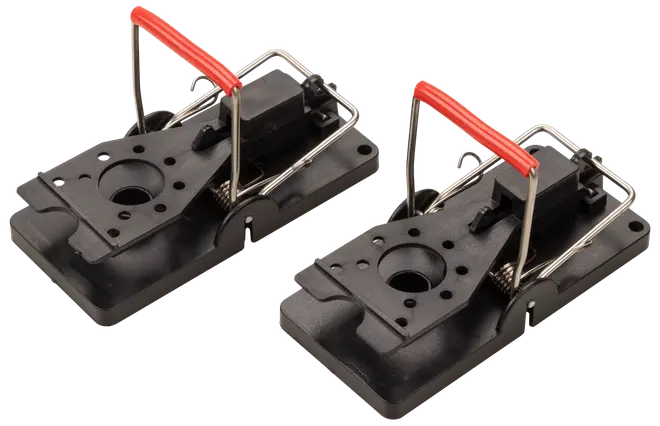 Two black rectangular devices with a spring-loaded metal bar and a red plastic grip. Each has a circular hole in the center and multiple smaller holes around it, designed for easy bait placement. The base is sturdy plastic, and the metal bar is attached to a mechanism for quick activation. The overall design is compact and easy to set up.