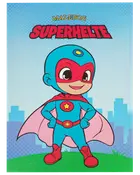 Børne-malebog med en tegneserie-superhelt i blå dragt, rød maske, røde støvler og lyserød kappe, bysilhuet i baggrunden. Titel: 'Superhelte'.