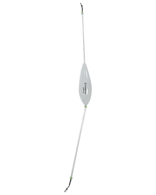 Slankt hvidt Kinetic-fisketilbehør med centralt ovalt legeme, lang tynd stang og lille nederste klips.