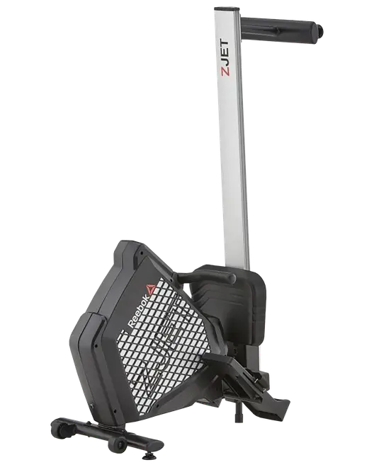 Reebok ZJET romaskine med sort og sølv ramme, ergonomisk sæde, fodstøtter og håndtag. Kompakt, foldbar model til hjemmetræning og konditionstræning.