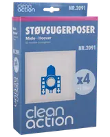 Pakke med 4 Clean Action støvsugerposer til Miele og Hoover, inkl. 1 filter. Blå og hvid emballage med produktbillede og modelnummer NR.2091.