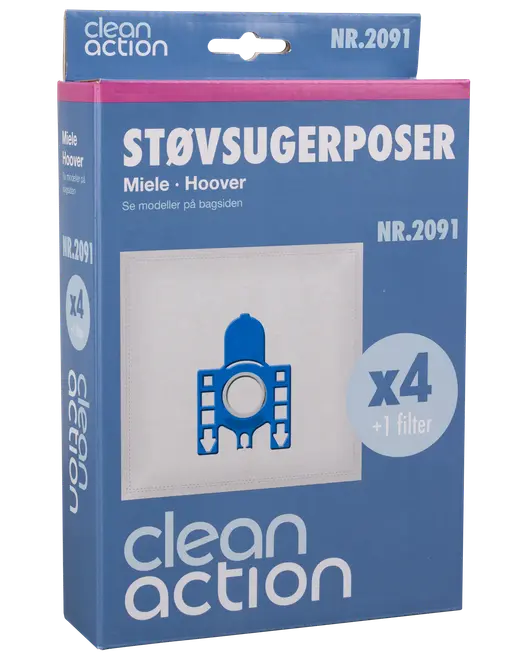 Pakke med 4 Clean Action støvsugerposer til Miele og Hoover, inkl. 1 filter. Blå og hvid emballage med produktbillede og modelnummer NR.2091.