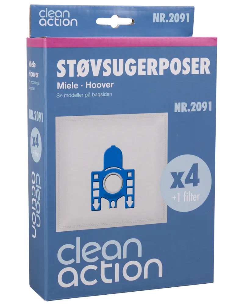 Pakke med 4 Clean Action støvsugerposer til Miele og Hoover, inkl. 1 filter. Blå og hvid emballage med produktbillede og modelnummer NR.2091.