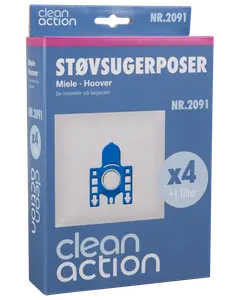 Förpackning med 4 Clean Action dammsugarpåsar för Miele och Hoover, inklusive 1 filter. Blå och vit förpackning med produktbild och modellnummer NR.2091.