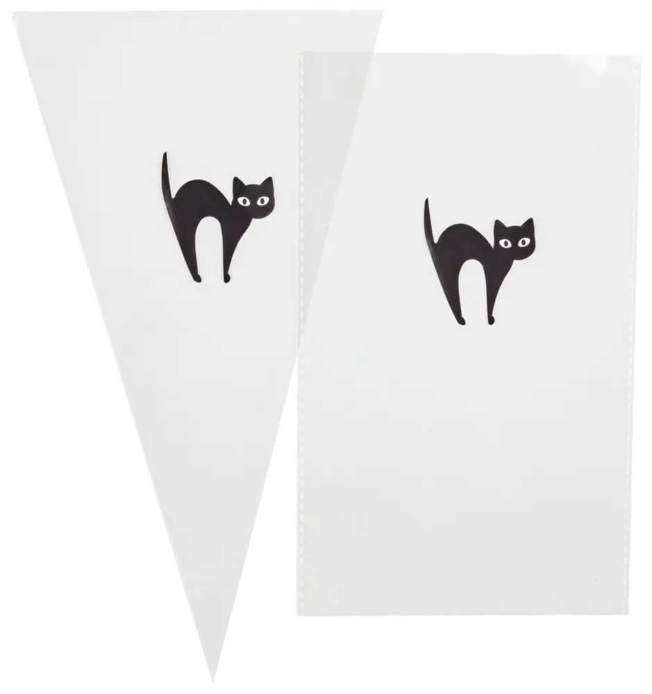 Hvide plastikflag med en enkel sort kattegrafik med store øjne. Indeholder både trekantede og rektangulære flag, velegnet til fest- eller halloweenpynt.