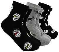Fyra par ankelsockor med Halloweenmotiv: mumier, spindlar och spöken. Svarta och grå, mjukt material, passar vardag och festliga tillfällen.