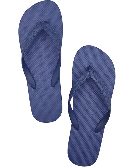 Blå flip-flops med texturerad fotbädd och matchande blå remmar. Enkel, lätt design för strand, pool eller vardagsbruk. Tillverkade i slitstarkt gummimaterial.