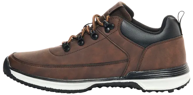 Brun herrsko för vandring med svart vadderad krage, metallöglor, bruna snören och vit gummisula. Slitstarkt syntetmaterial, passar utomhusaktiviteter.