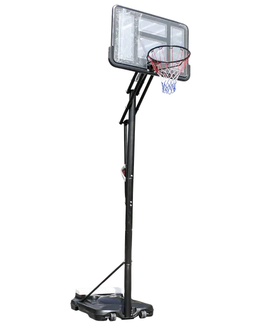 Transportabel basketballkurv med justerbar højde, klar bagplade, robust sort metalstang og base med hjul for nem flytning. Rød, hvid og blå net. Til udendørs brug.