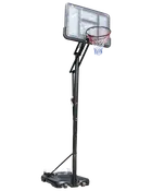 Transportabel basketballkurv med justerbar højde, klar bagplade, robust sort metalstang og base med hjul for nem flytning. Rød, hvid og blå net. Til udendørs brug.