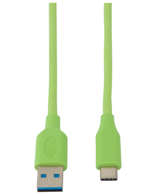 Ljusgrön USB-A till USB-C-kabel med flexibel, slitstark hölje. Ena änden har USB-A-kontakt, andra änden USB-C, passar för laddning och dataöverföring.