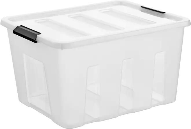 Gennemsigtig plastik opbevaringskasse med låg og sorte låse på siderne. Rektangulær form, stabelbar, ideel til organisering og opbevaring af husholdningsartikler eller kontorartikler.
