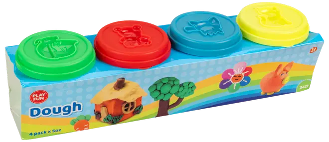 Sæt med fire Play Fun modellervoksbøtter i grøn, rød, blå og gul med dyreformede låg. Hver bøtte indeholder 50g farvet modellervoks til kreativ leg.