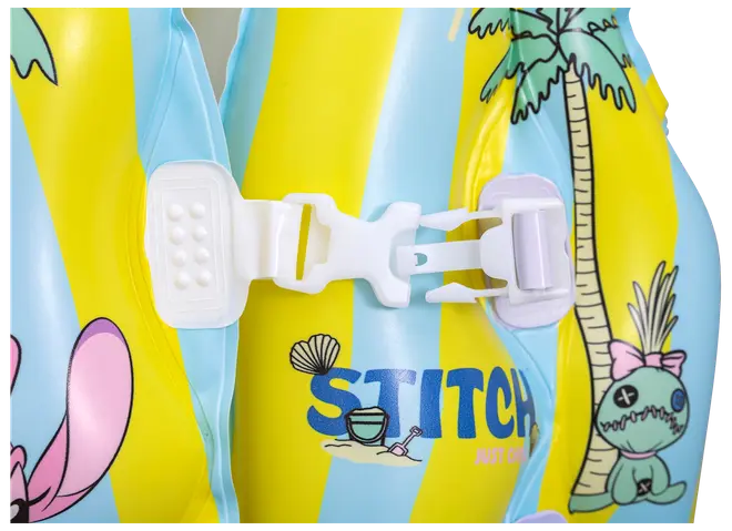 Oppustelig svømmevest til børn med blå og gule striber, Stitch- og palmetegninger samt hvidt plastspænde foran for sikker lukning.