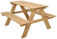 Picnicbord i naturtræ med fastgjorte bænke på begge sider, robust konstruktion, rektangulær bordplade, egnet til udendørs brug, plads til fire til seks personer, ubehandlet overflade.