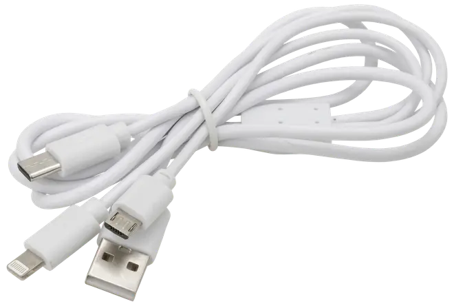 Vitt multiladdningskabel med USB-A, USB-C, Micro-USB och Lightning-kontakter. Passar för laddning av olika enheter. Cirka en meter långt och flexibelt.