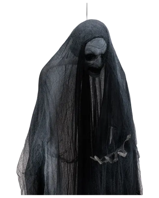 Hängande Halloween-dekoration med spökfigur täckt av svart, genomskinligt tyg och krok för upphängning. Perfekt för att skapa en kuslig stämning inne eller ute.