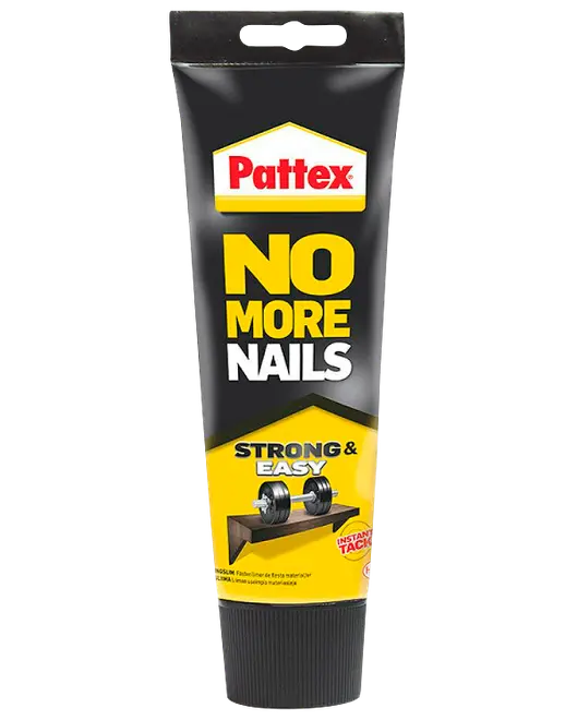 Pattex No More Nails limtube, sort og gul emballage, stærk og nem, egnet til limning uden søm, øjeblikkelig vedhæftning, ideel til reparationer og gør-det-selv projekter.