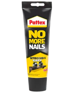 Pattex No More Nails limtube, sort og gul emballage, stærk og nem, egnet til limning uden søm, øjeblikkelig vedhæftning, ideel til reparationer og gør-det-selv projekter.