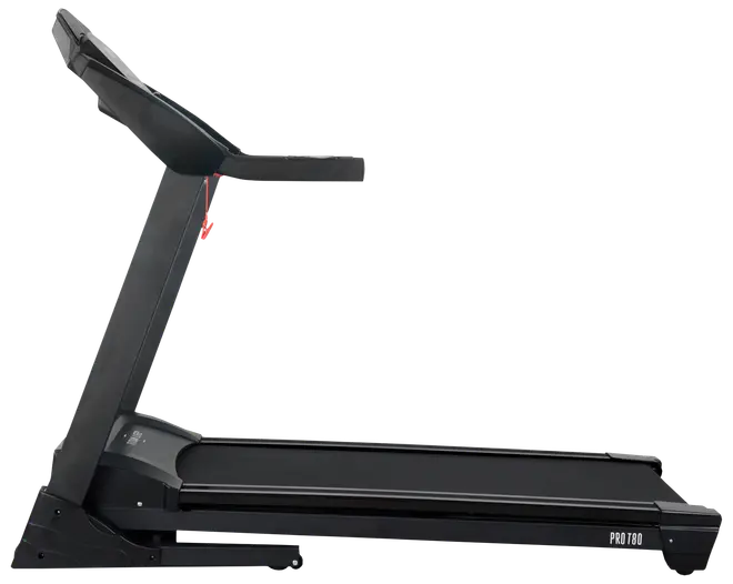 Sort løbebånd med digitalt display, sikkerhedsnøgle, solide håndtag og bred løbeflade. Model PRO 780, velegnet til hjemmetræning. Moderne, sammenklappeligt design.