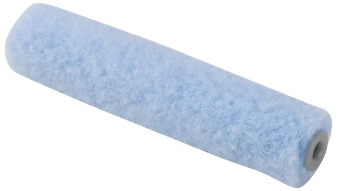 Ljusblå målarroller-refill med fluffig, texturerad yta och cylindrisk form. För jämn färgapplicering på väggar och tak. Passar standardrollerhandtag.