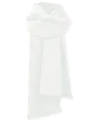 Blødt hvidt tørklæde med fluffy tekstur, rektangulær form og korte frynser. Let og behageligt, perfekt til lag-på-lag i koldt vejr. Enkel og elegant stil.