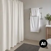 Vit texturerad duschdraperi med mjuka veck och kromringar i ett modernt, neutralt badrum. - Billedet er skabt med AI