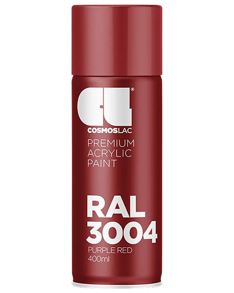 400 ml spraydåse med Cosmoslac premium akrylmaling i RAL 3004 purpurrød, mat finish, tydeligt mærket. Velegnet til forskellige overflader og projekter.