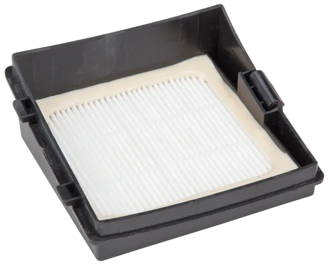 Rektangulärt HEPA-filter till dammsugare med vitt veckat filtermaterial i svart plastram, utformat för att fånga damm och allergener för bättre luftkvalitet.