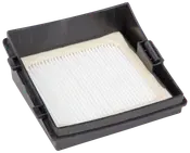 Rektangulært HEPA-filter til støvsuger med hvidt plisseret filtermateriale i sort plastikramme, designet til at opfange støv og allergener for bedre luftkvalitet.