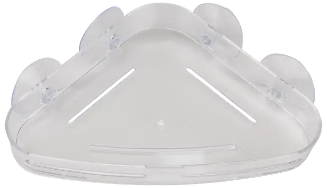 Gennemsigtig plast hjørnehylde til brusebad med tre sugekopper til vægmontering. Har drænhuller for at forhindre vandophobning. Perfekt til opbevaring af toiletartikler.