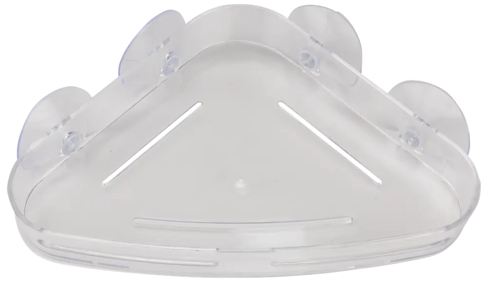 Genomskinlig hörnhylla i plast för dusch med tre sugproppar för väggmontering. Har dräneringshål för att undvika vattenansamling. Perfekt för toalettartiklar.