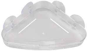 Genomskinlig hörnhylla i plast för dusch med tre sugproppar för väggmontering. Har dräneringshål för att undvika vattenansamling. Perfekt för toalettartiklar.