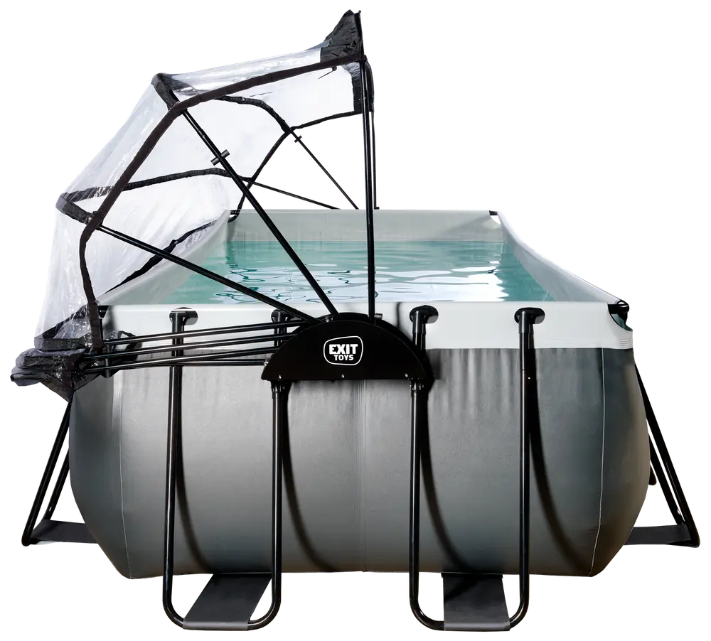 Rektangulær fritstående pool med solid metalramme, grå ydre, klart vand og stor justerbar gennemsigtig baldakin til skygge. Inkluderer stige. Mærke: EXIT Toys.