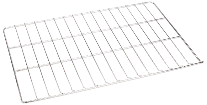 Rektangulært grillrist i rustfrit stål med parallelle stænger og åbne slidser, designet til jævn varmefordeling og holdbarhed. Perfekt til grillning af kød og grøntsager.
