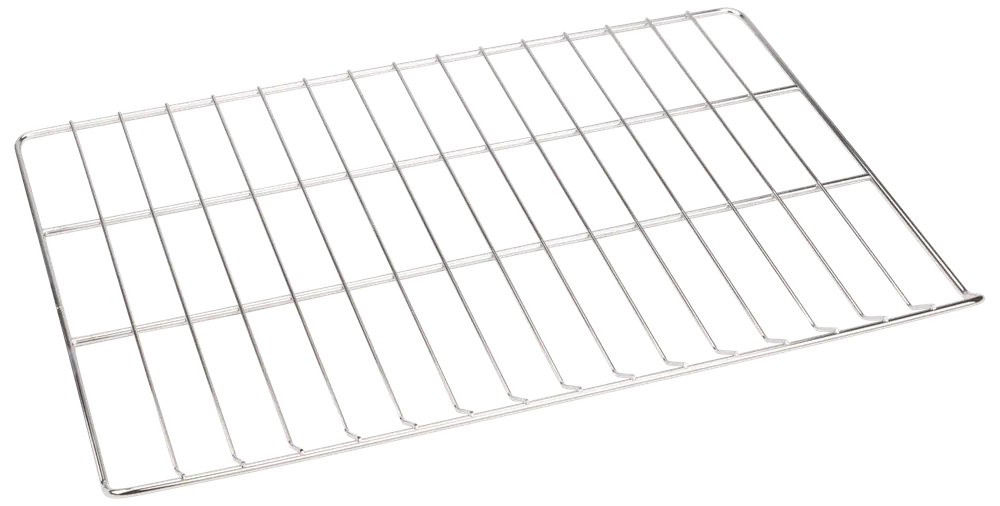 Rektangulärt grillgaller i rostfritt stål med parallella stänger och öppna slitsar, ger jämn värmefördelning och hållbarhet. Perfekt för grillning av kött och grönsaker.
