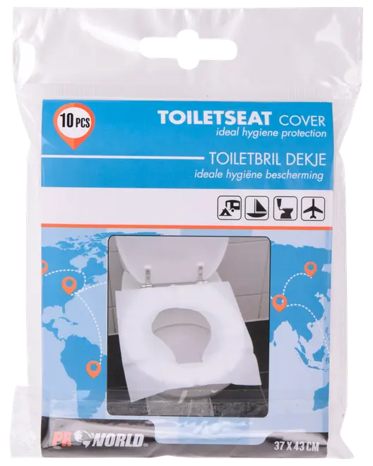 Pakke med 10 engangs toiletsædeovertræk, 37x43 cm, til hygiejnisk beskyttelse på offentlige toiletter. Velegnet til rejser, fly og offentlige toiletter. Nem at bruge.